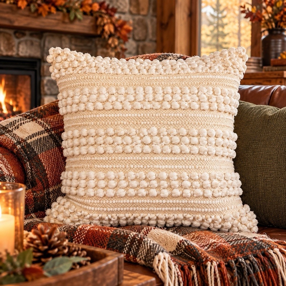 URBAN86 Ivory Cream Textured Throw Pillow 20x20 Boho Woven Bobble Accent Pillow